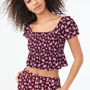 EUC, Aeropostale Smocked, Puff Sleeve Crop Top, Maroon Floral Print, Size XL